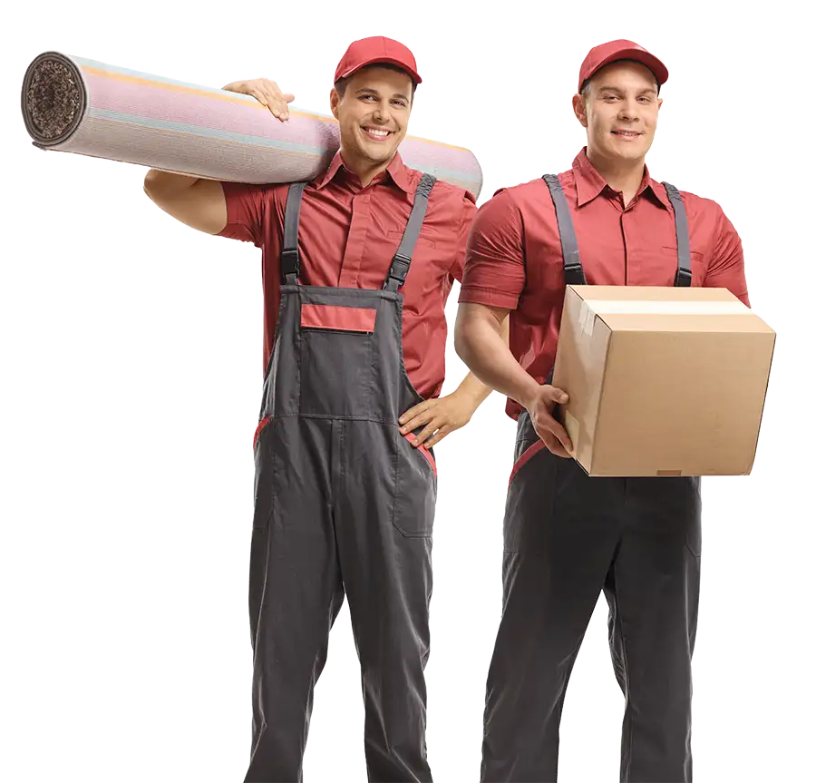 Two professional Moscardelli movers in red uniforms smiling, one carrying a rolled carpet and the other holding a cardboard box