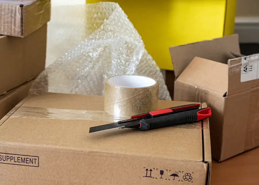Packing supplies including bubble wrap, packing tape, a box cutter, and cardboard boxes provided by Moscardelli Moving & Storage in Springfield IL