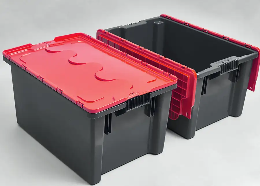 Two heavy-duty gray and red plastic stackable storage totes with snap-shut lids available through Moscardelli Moving & Storage in Springfield IL