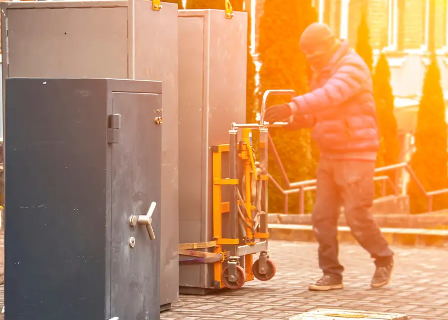 A worker using a heavy-duty dolly to move large metal gun safes across a brick patio during a specialty item relocation by Moscardelli Moving and Storage, Inc. in Springfield, IL