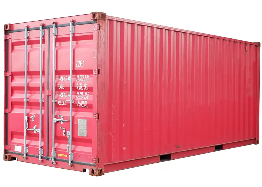 A large red steel shipping container used for secure long-term storage solutions offered by Moscardelli Moving & Storage in Springfield IL